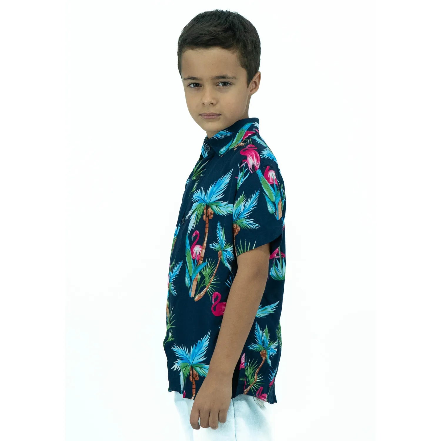 Camisa social infantil Absinto Men azul marinho de manga curta, com estampa flamingo