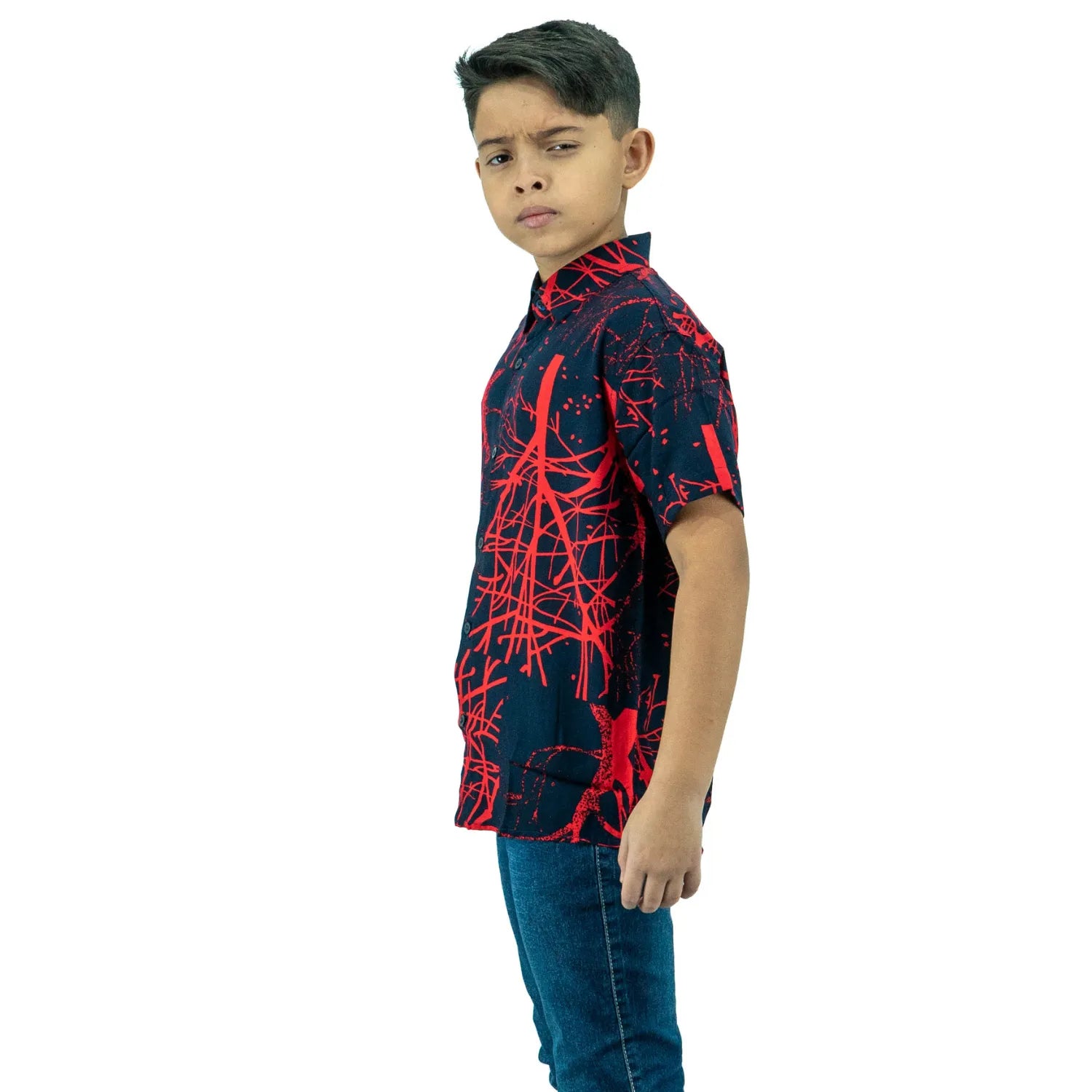 Camisa social infantil Absinto Men azul marinho de manga curta, com estampa delicada de galhos