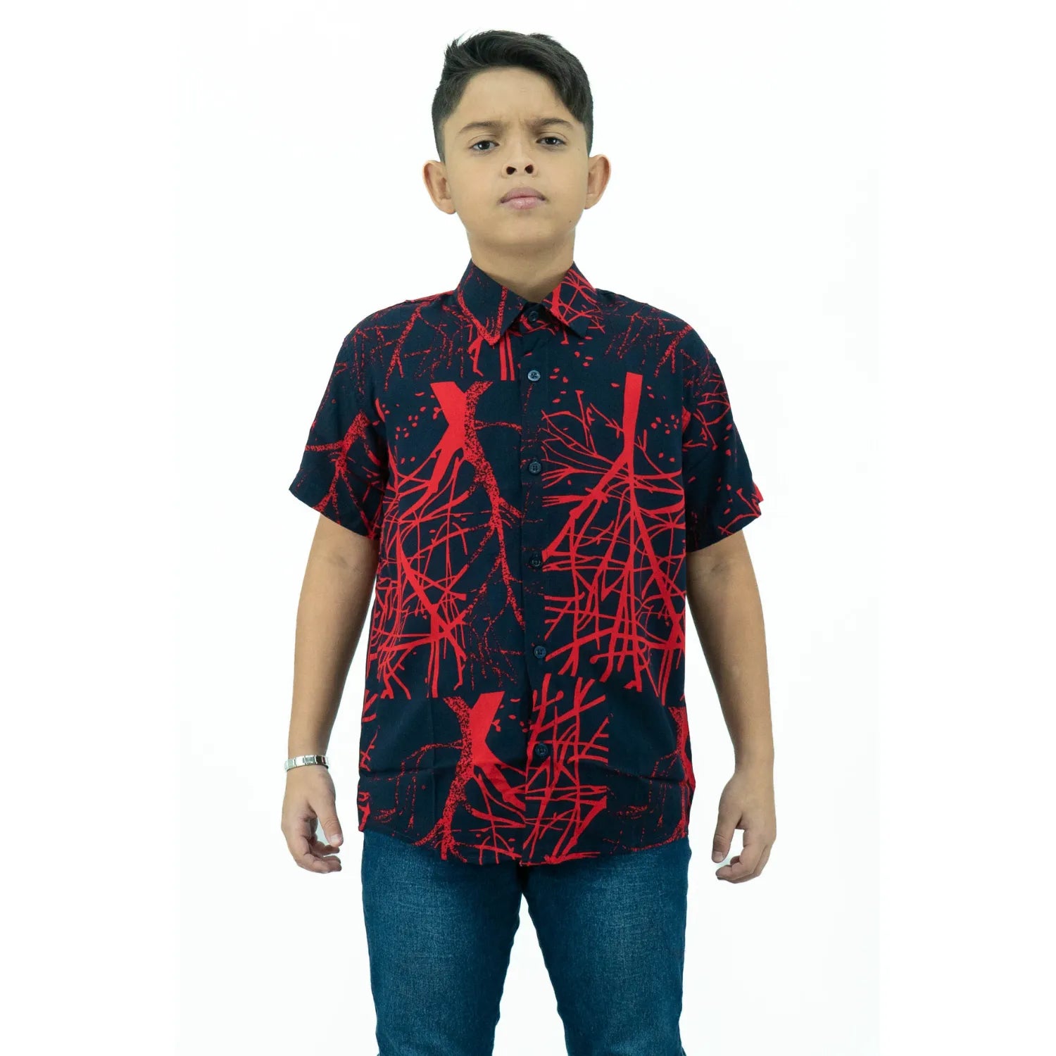 Camisa social infantil Absinto Men azul marinho de manga curta galhos