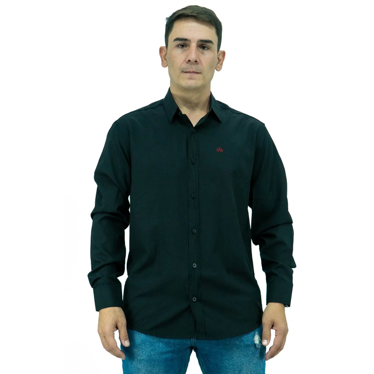 Camisa social masculina manga longa com Spandex, na cor preta. Foto de modelo vestindo a camisa casual da marca Absinto Men.