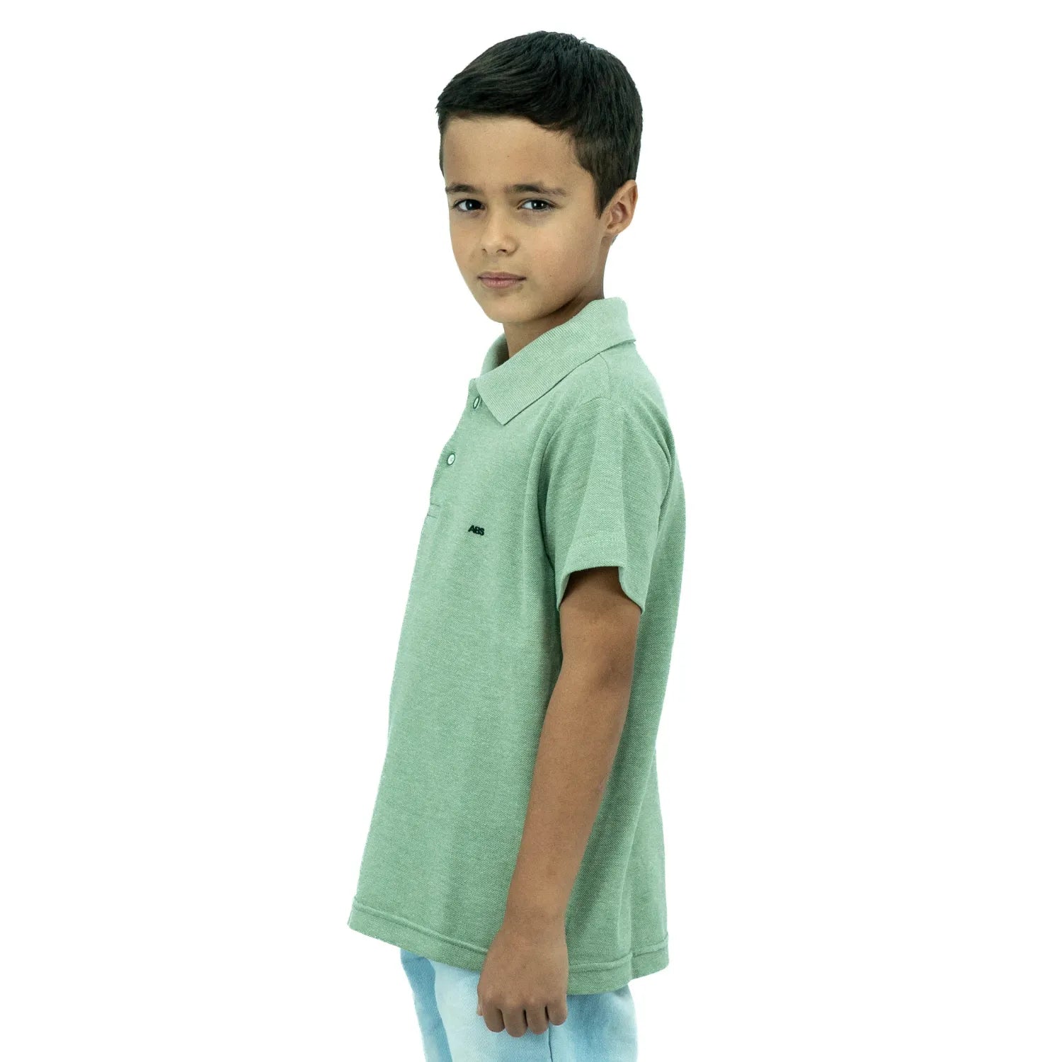 Camisa polo infantil lisa, de algodão e poliéster, da Absinto Men na cor verde claro.