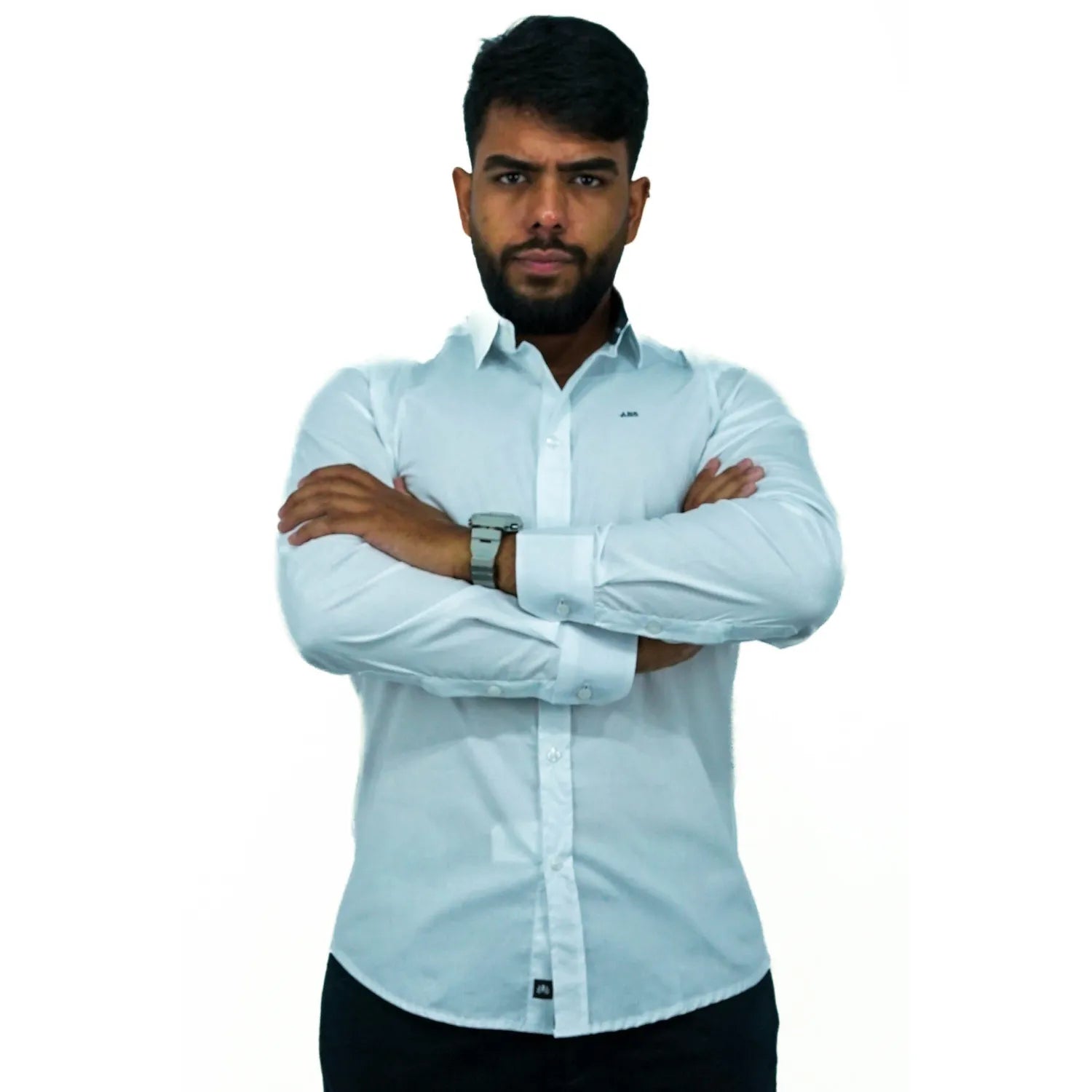 Foto de camisa social de algodão com elastano, manga longa, na cor branca da marca Absinto Men.
