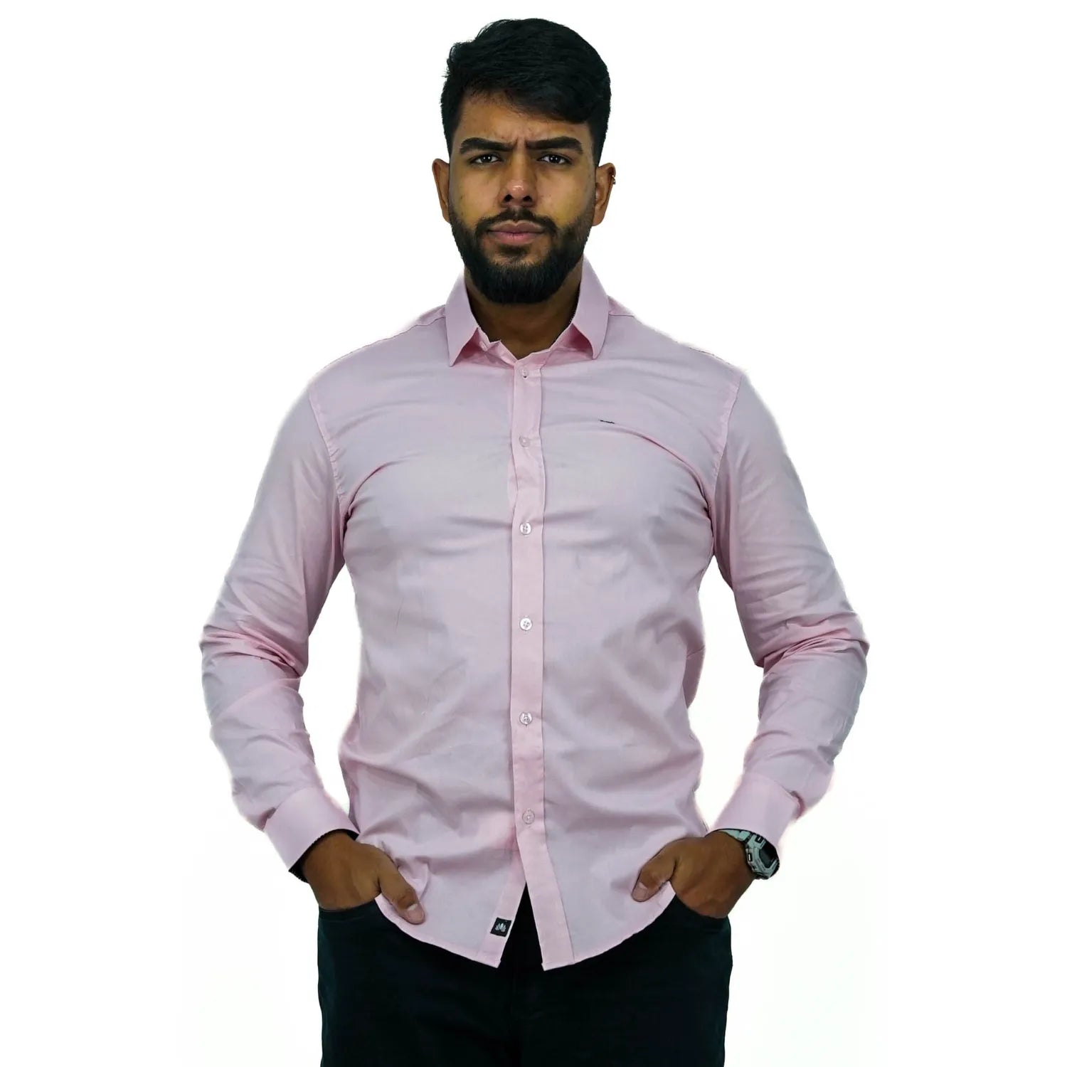 Foto de camisa social de algodão com elastano, manga longa, na cor rosa da marca Absinto Men.