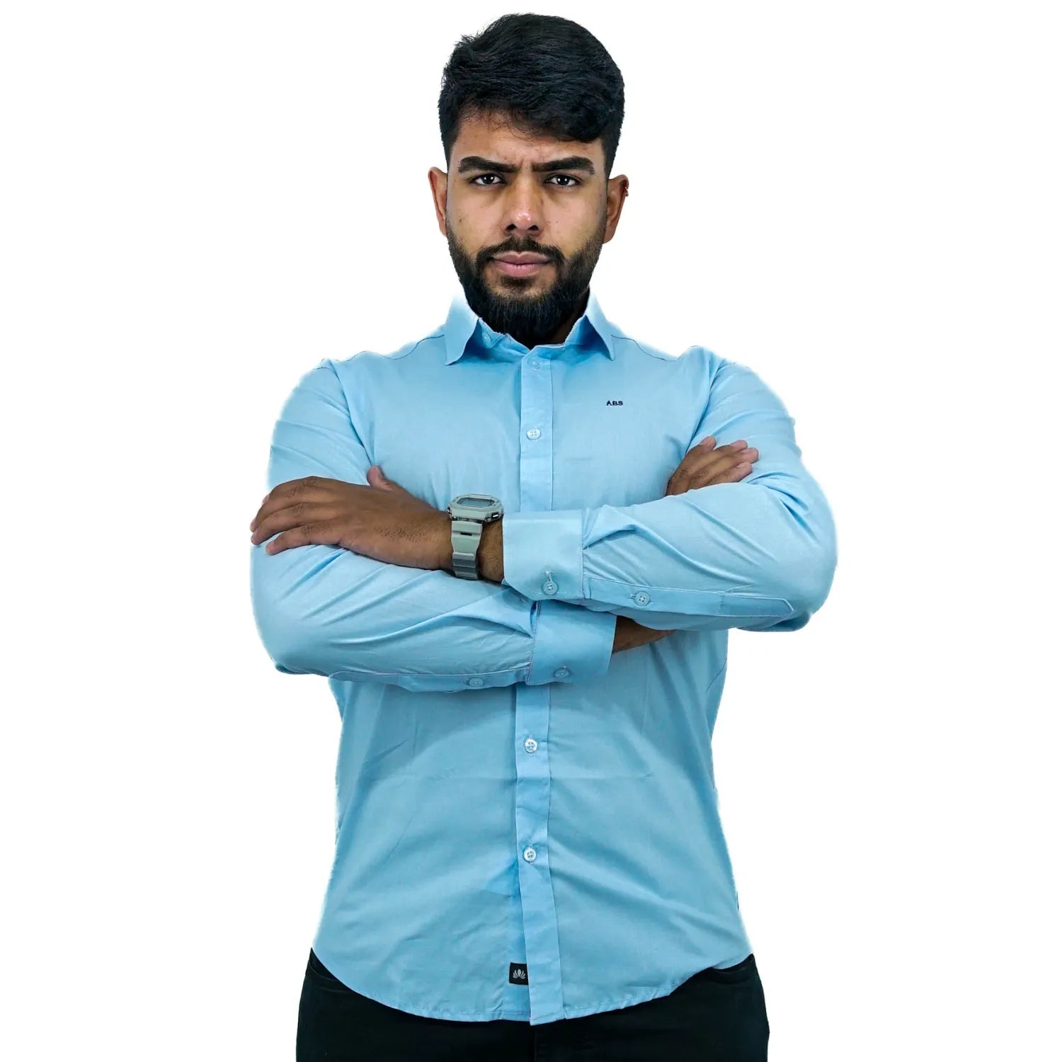Foto de camisa social de algodão com elastano, manga longa, na cor azul da marca Absinto Men.