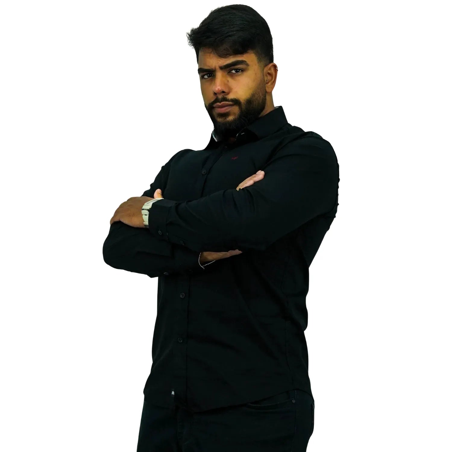 Foto de camisa social de algodão com elastano, manga longa, na cor preta da marca Absinto Men.