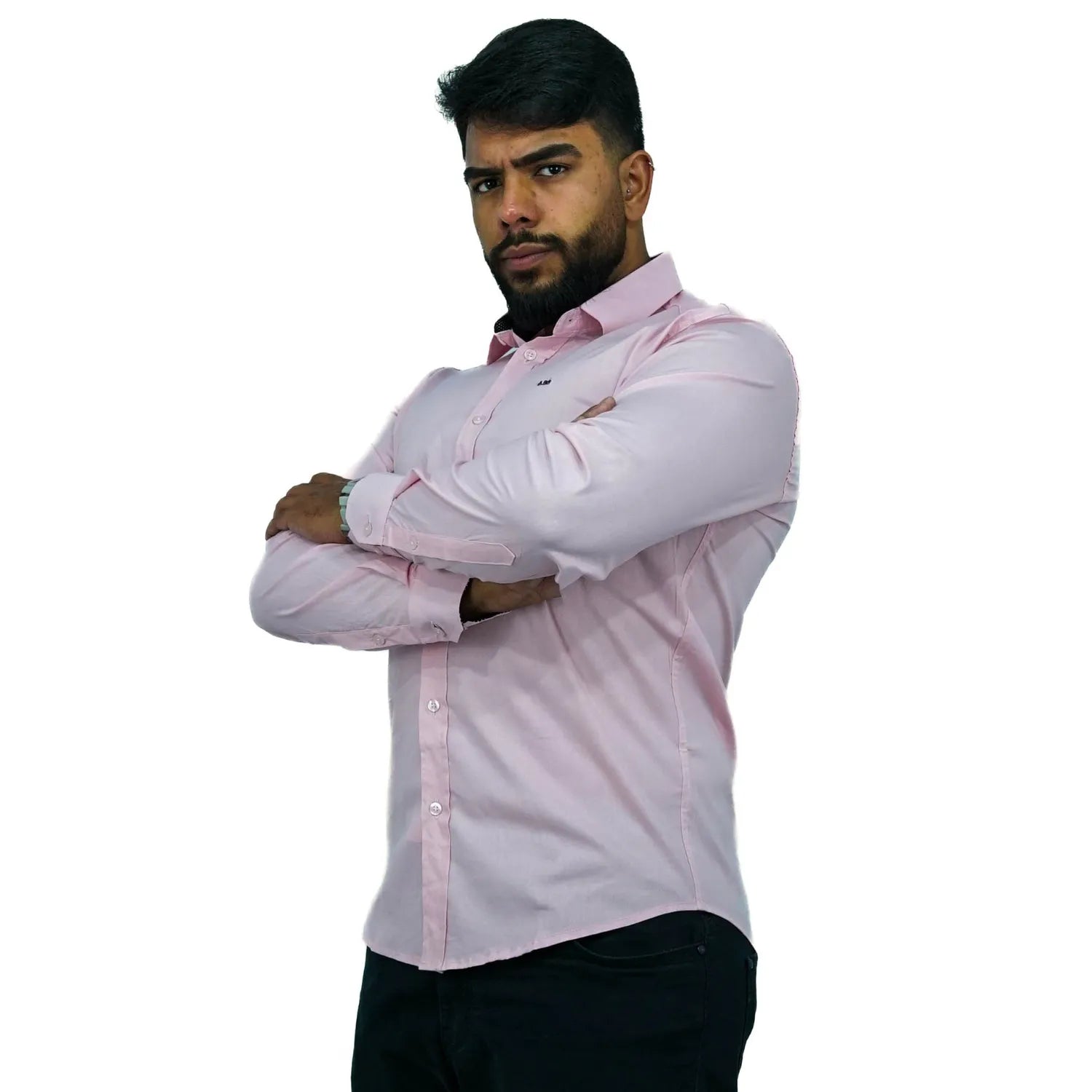 Foto de camisa social de algodão com elastano, manga longa, na cor rosa da marca Absinto Men.