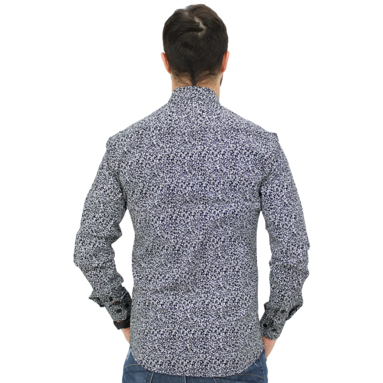 Camisa social Absinto Men de manga longa, 100% algodão, com estampa floral preta costas