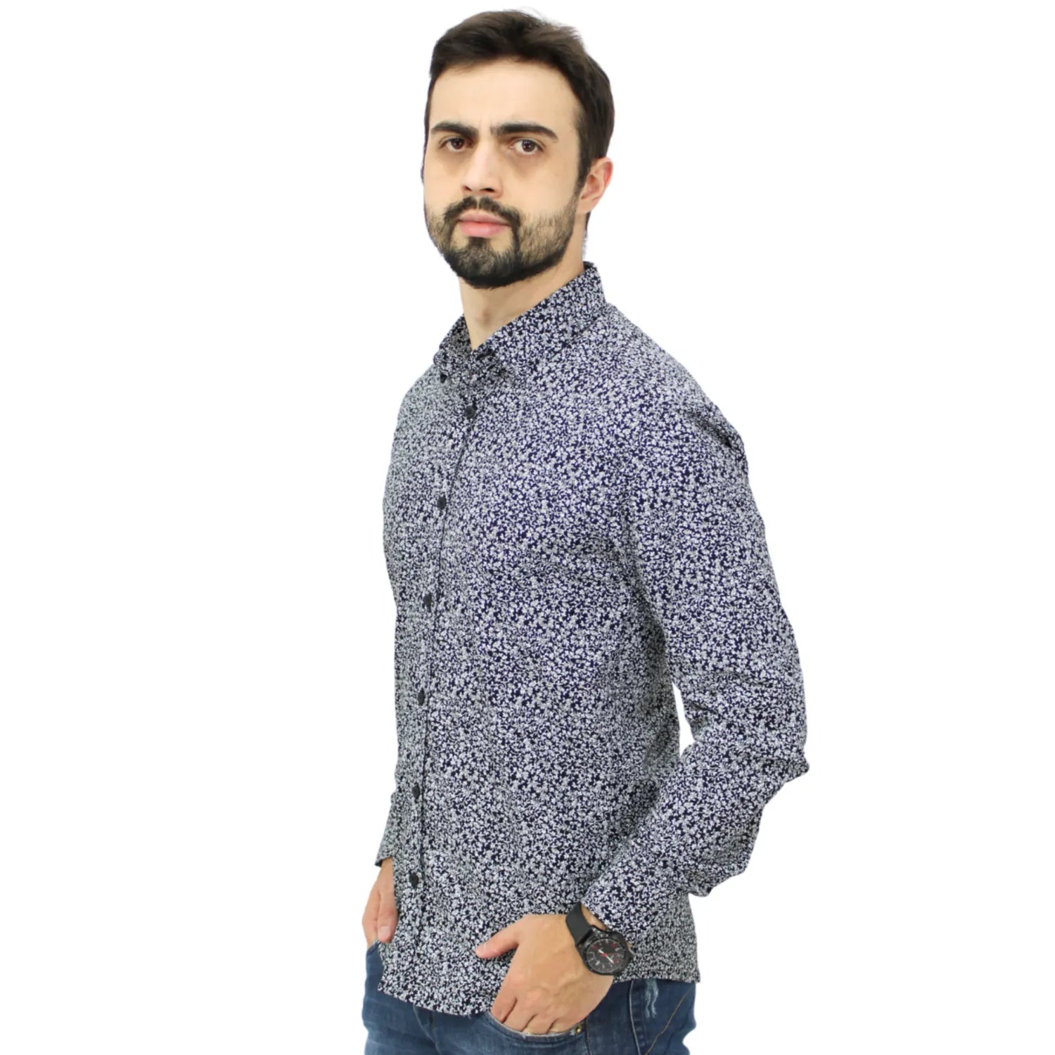 Camisa social Absinto Men de manga longa, 100% algodão, com estampa floral preta perfil