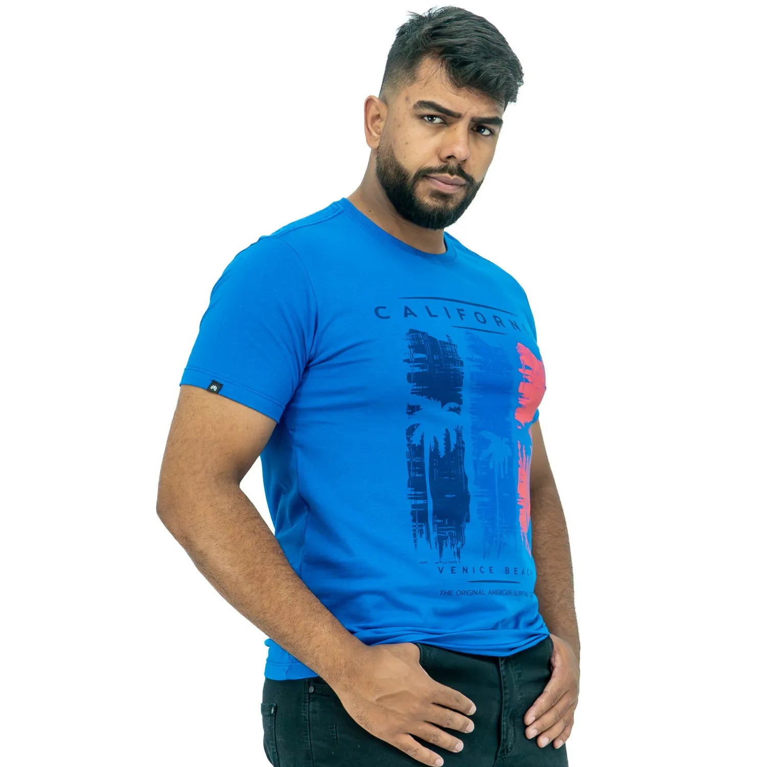 Foto de modelo usando camiseta de algodão premium da Absinto Men, com estampa temática dos Estados Unidos e Califórnia.