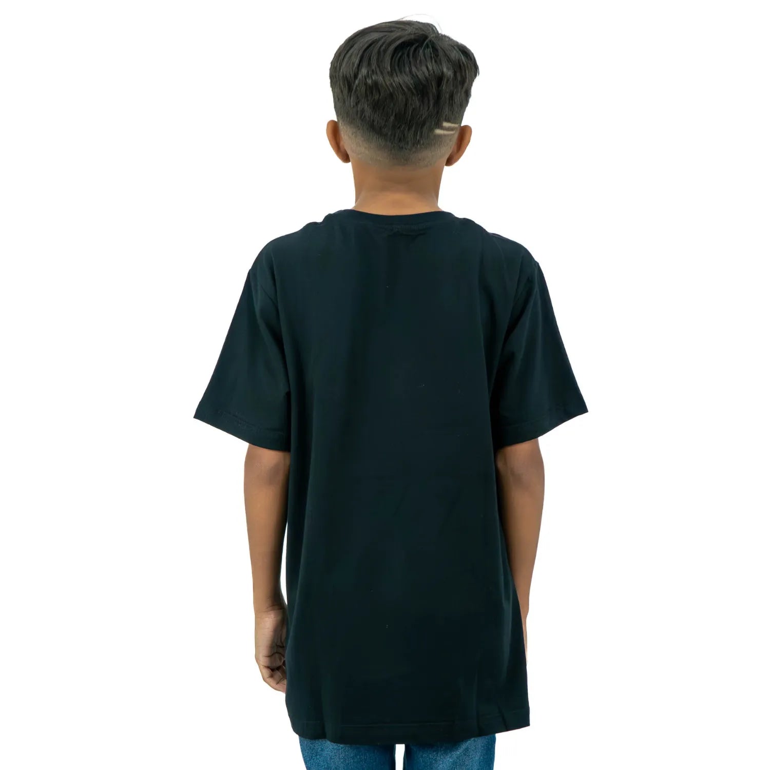 Costas da camiseta infantil masculina de algodão premium, com estampa gamer, da Absinto Men.