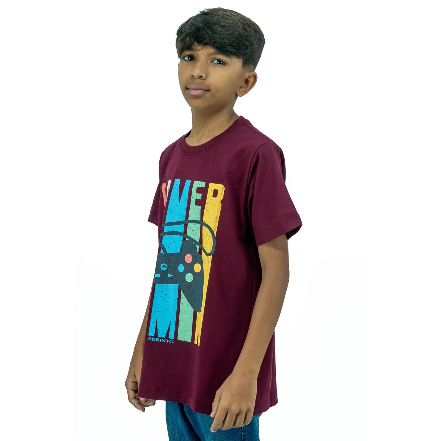 Camiseta infantil masculina de algodão premium, com estampa gamer, da Absinto Men na cor bordô.