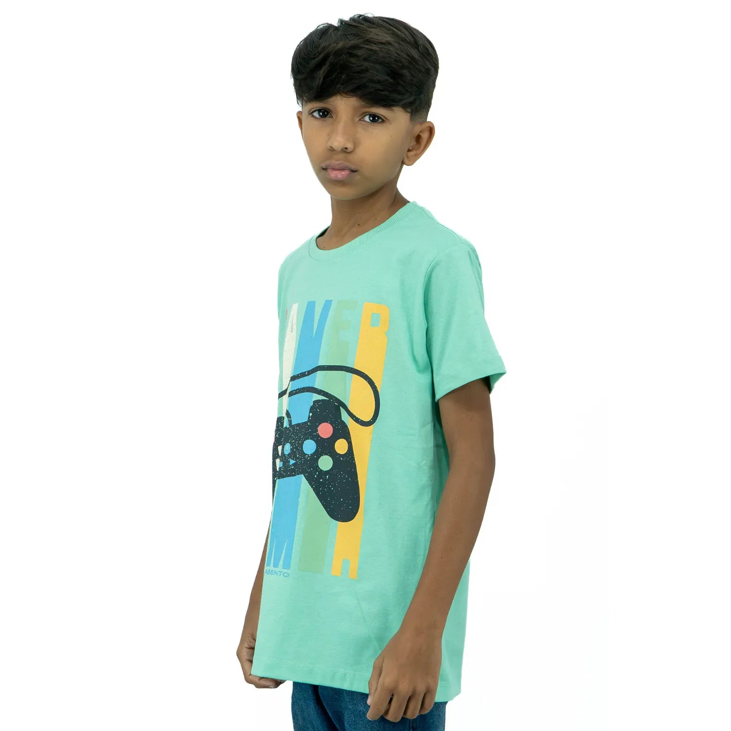 Camiseta infantil masculina de algodão premium, com estampa gamer, da Absinto Men na cor verde.
