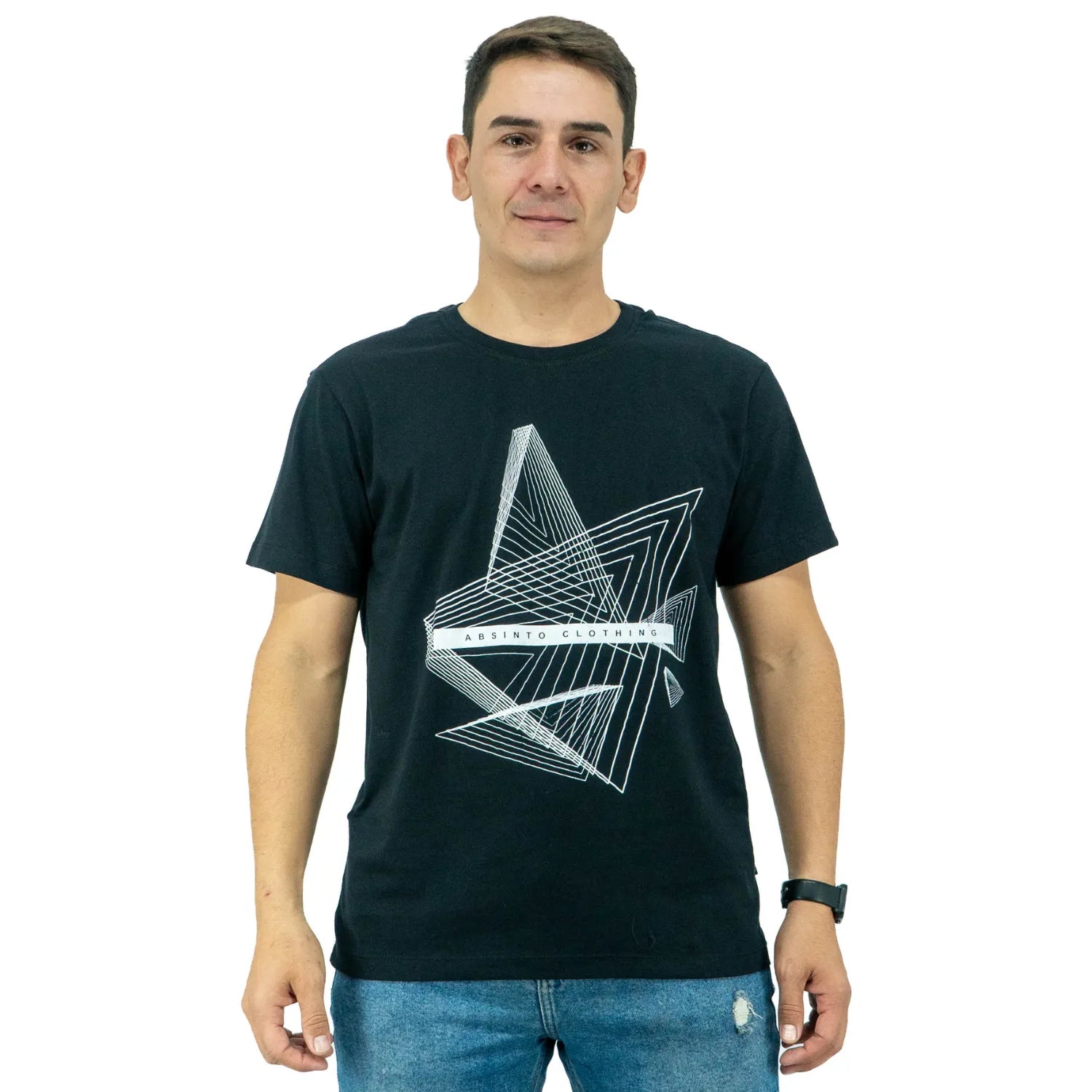 Foto de camiseta preta de algodão premium, com estampa "Clothing", da marca Absinto Men.