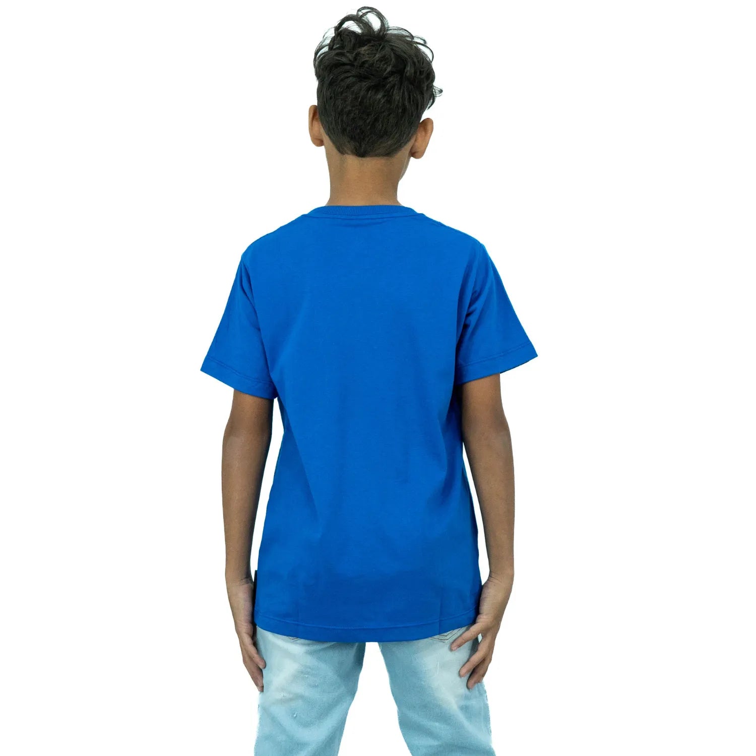 Foto das costas de camiseta infantil de algodão premium azul, com estampa de moto, da marca Absinto Men.