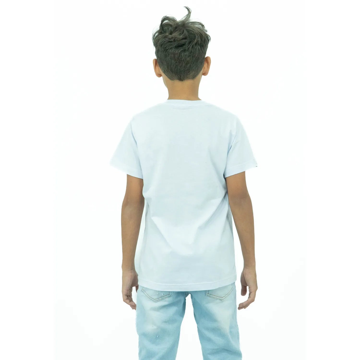 Foto das costas de camiseta infantil de algodão premium branca, com estampa de moto, da marca Absinto Men.