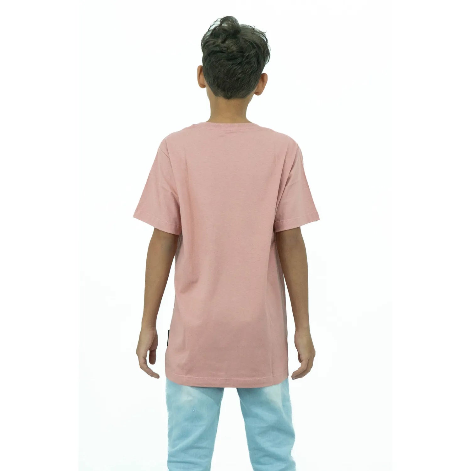Foto das costas de camiseta infantil de algodão premium rosa, com estampa de moto, da marca Absinto Men.