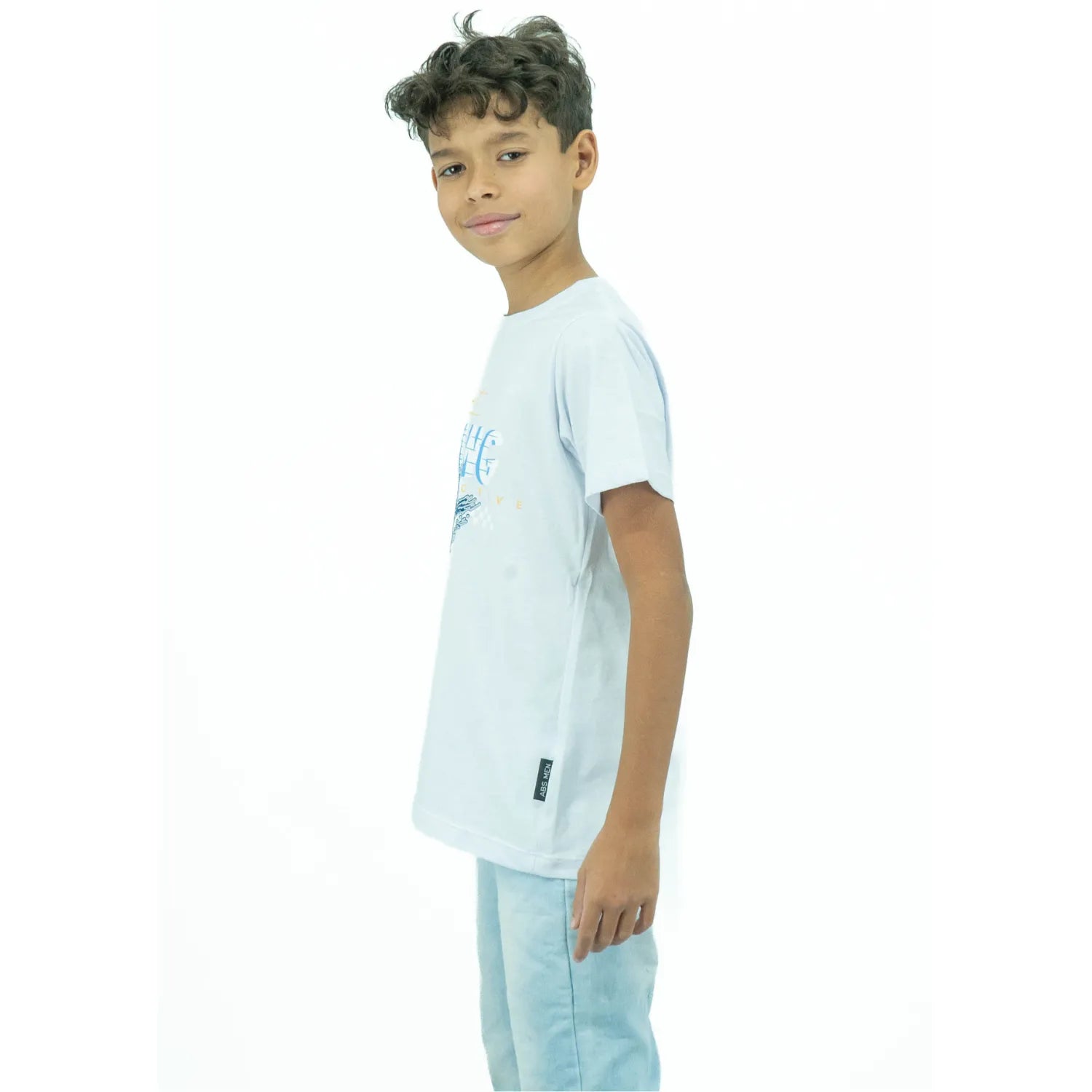 Camiseta infantil masculina de algodão premium, com estampa de moto, da Absinto Men na cor branca.