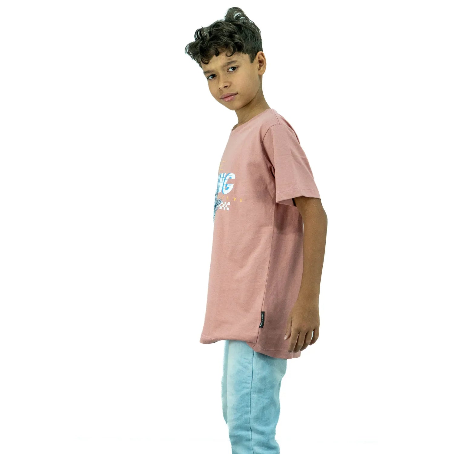 Camiseta rosa infantil masculina de algodão premium, com estampa de moto, da Absinto Men.
