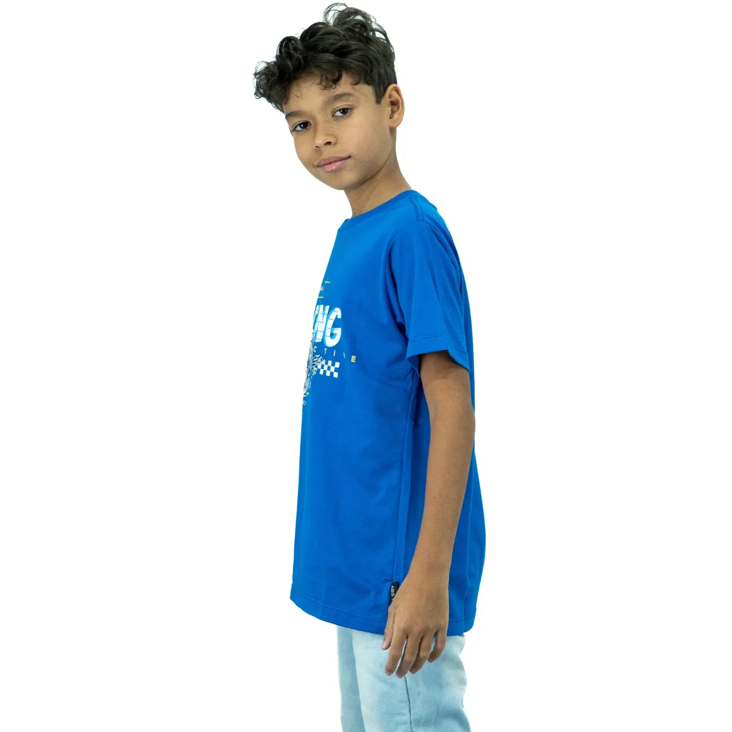 Camiseta infantil masculina de algodão premium, com estampa de moto, da Absinto Men na cor azul.