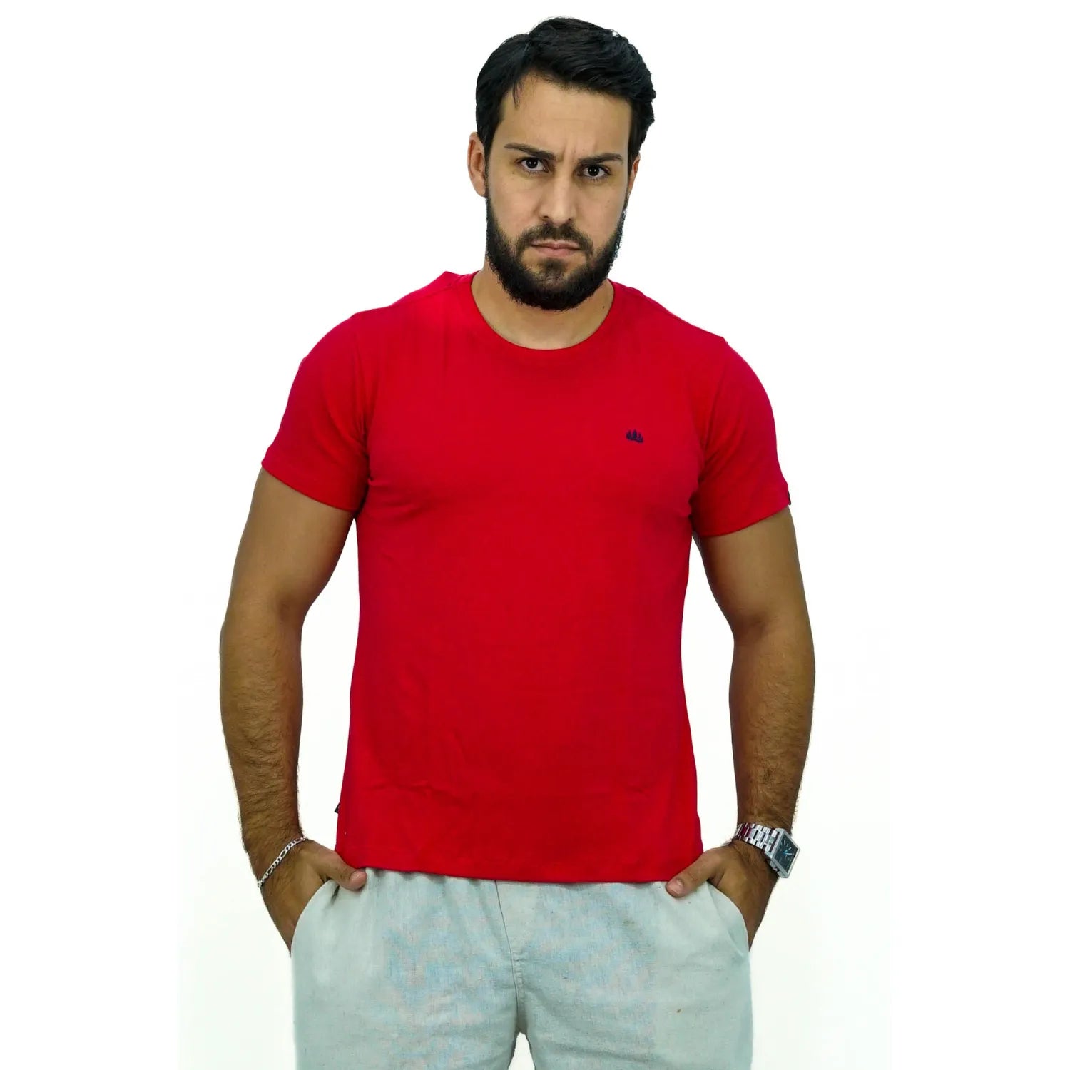 Foto de modelo usando camiseta lisa de algodão e elastano com logo bordada da Absinto Men.