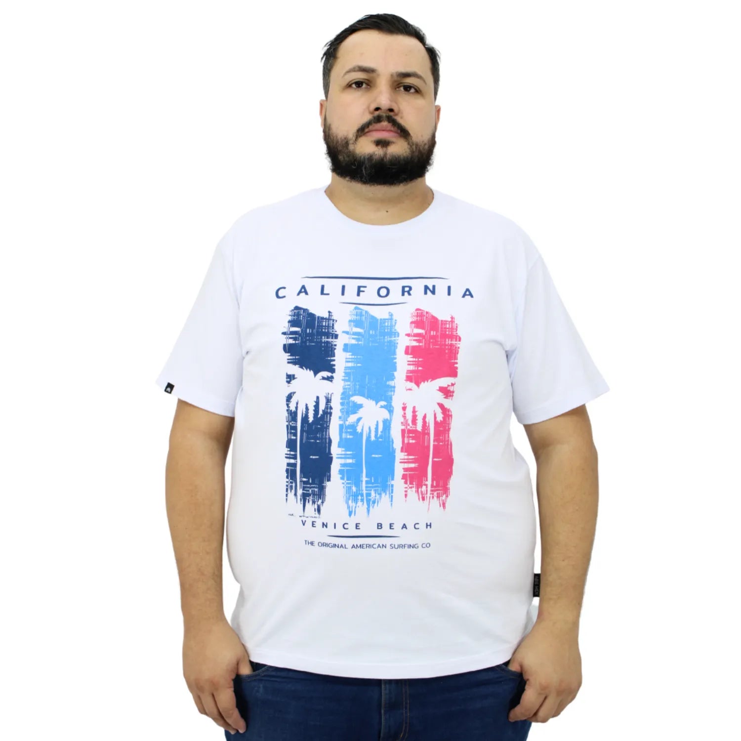 Foto de modelo vestindo a camiseta plus size de algodão, com estampa "Califórnia", da marca Absinto Men.