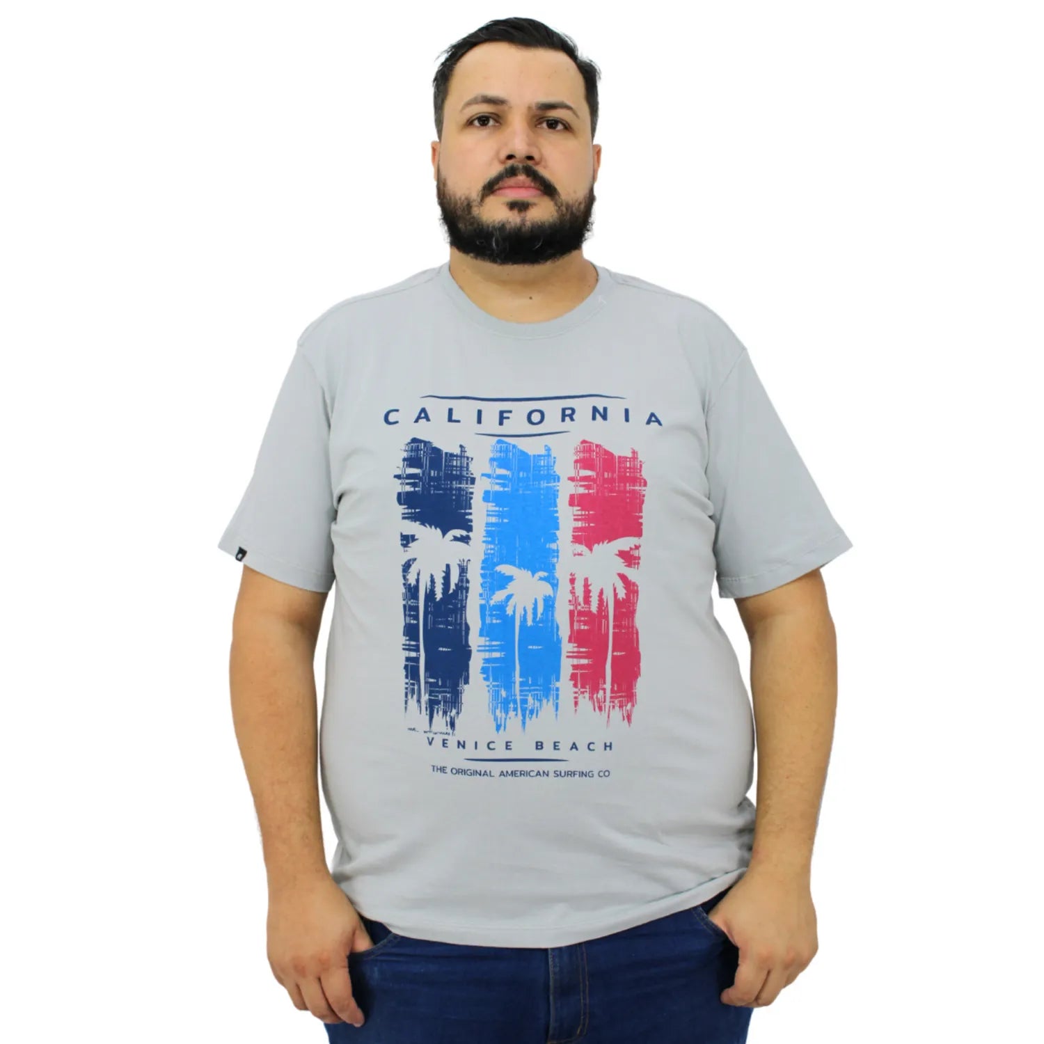 Foto de modelo vestindo a camiseta plus size de algodão, com estampa "Califórnia", da marca Absinto Men na cor cinza.