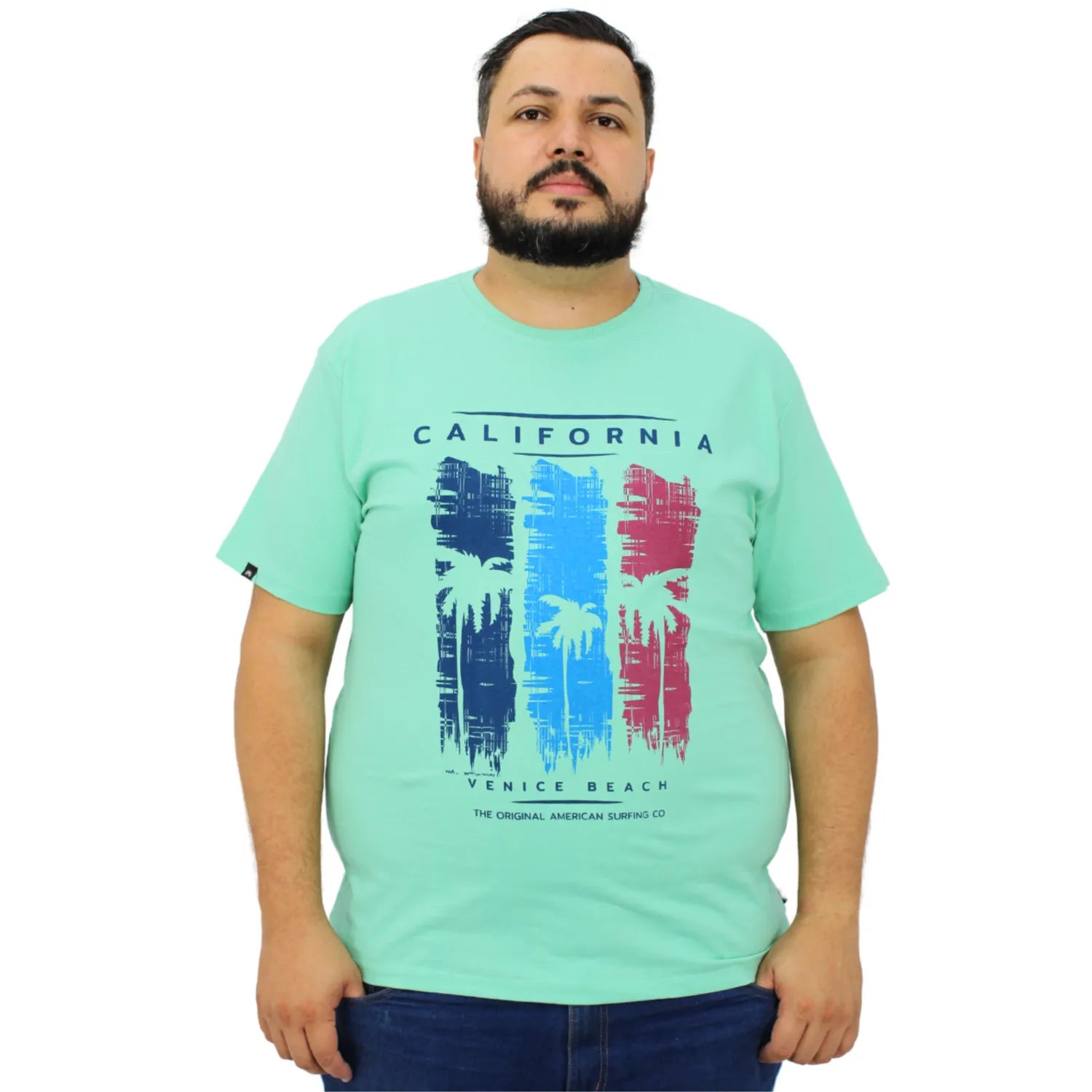 Modelo usando camiseta plus size de algodão da Absinto Men, com estampa que remete à Califórnia na cor verde.