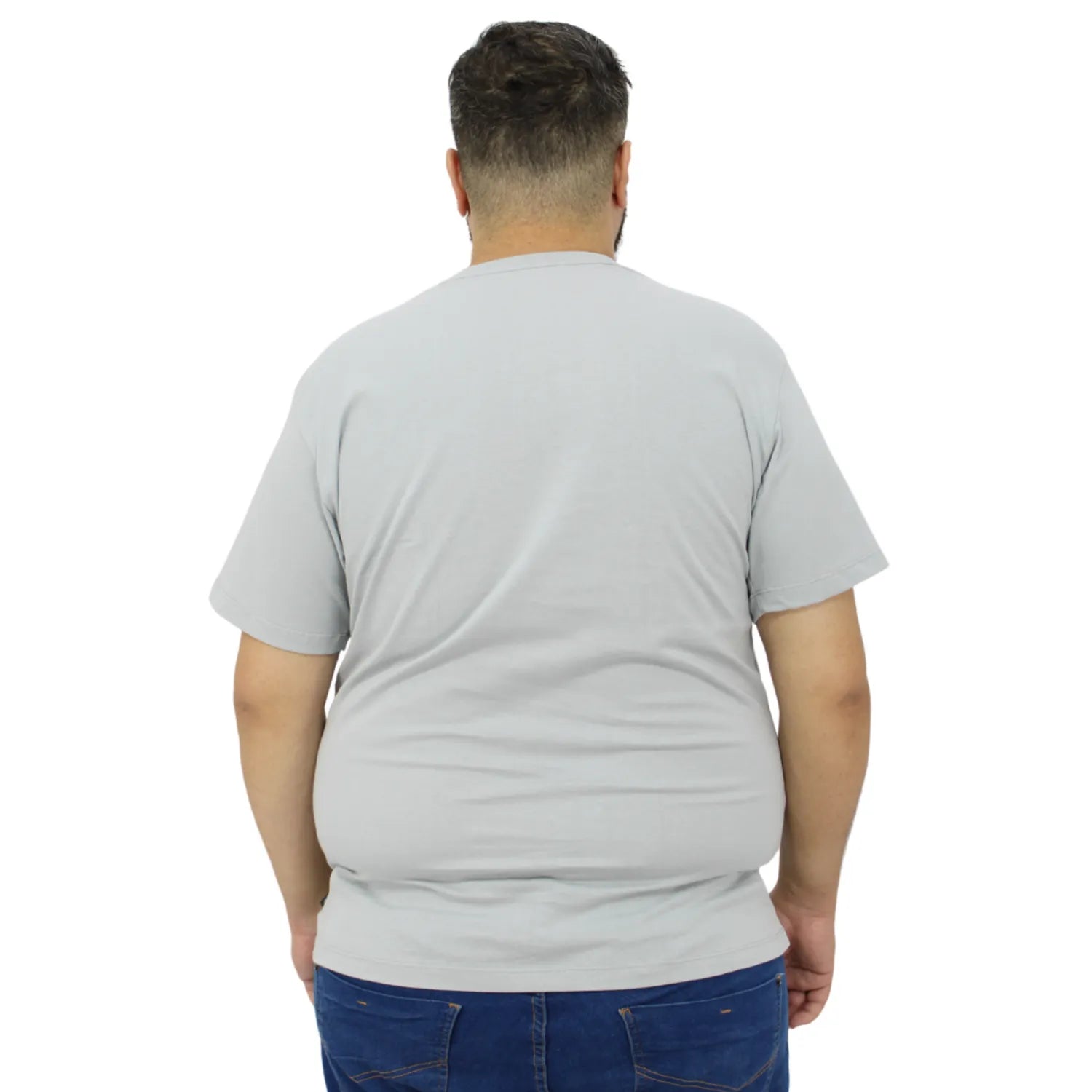 Modelo usando camiseta plus size de algodão premium da Absinto Men, com a estampa "Collection" no peito na cor cinza.