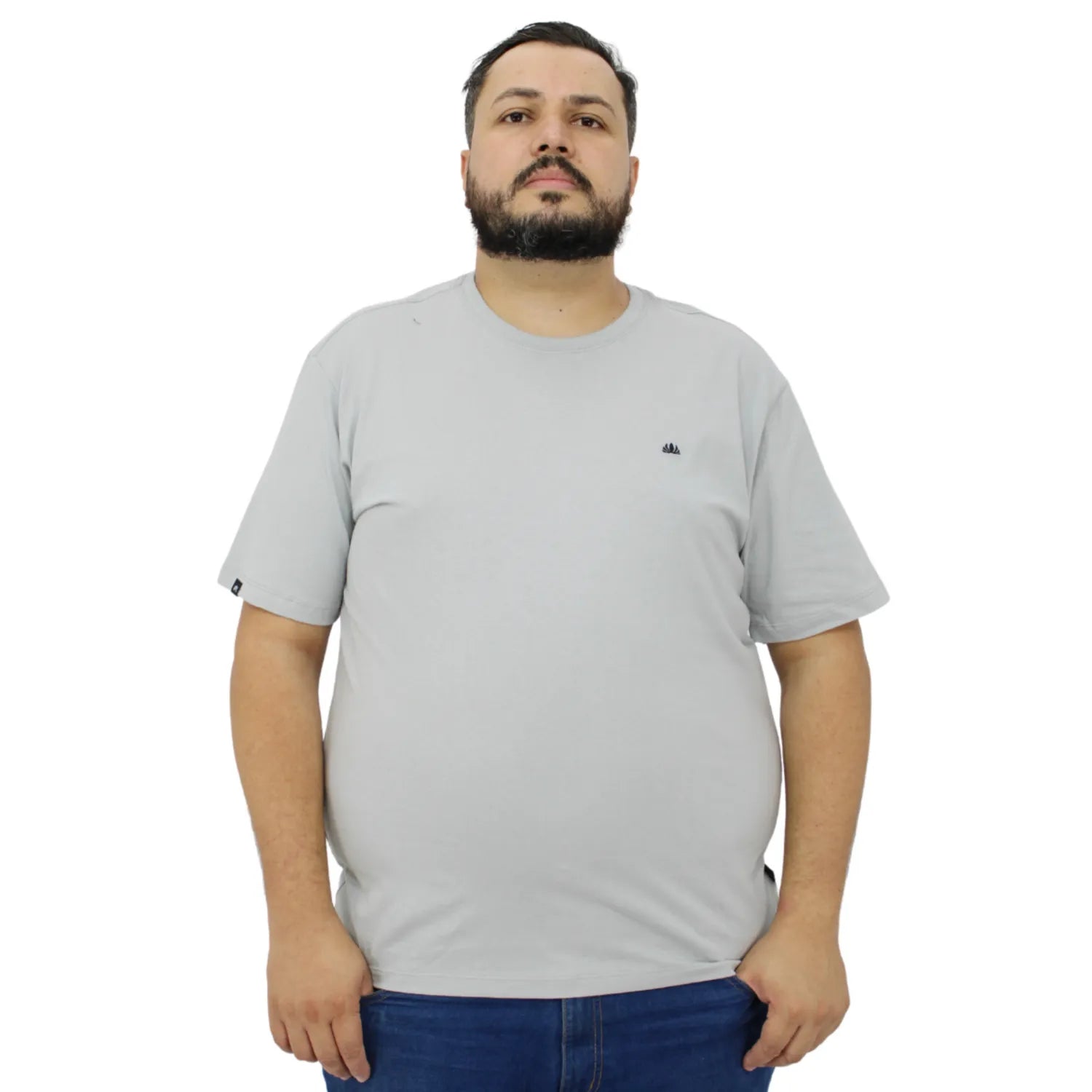 Foto de modelo usando camiseta plus size de algodão premium lisa, na cor cinza da Absinto Men.