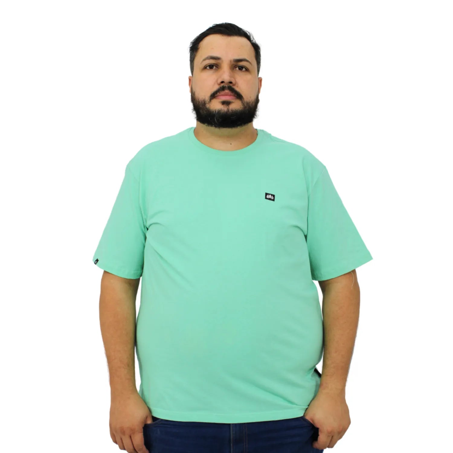 Foto de modelo usando camiseta plus size de algodão premium lisa, na cor verde da Absinto Men.
