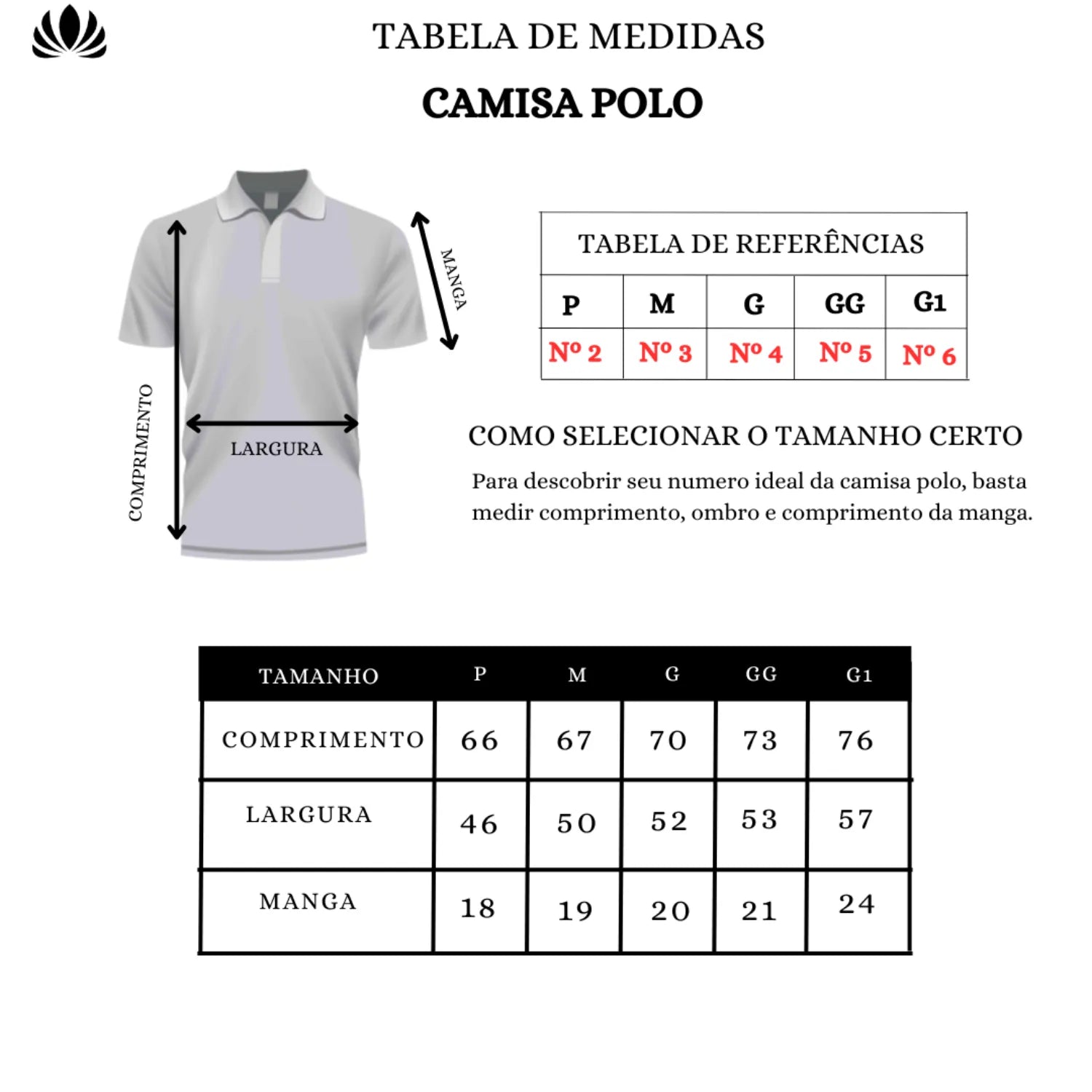 Tabela de medidas camisa polo lisa, 50% poliester 50% algodão da absinto men.