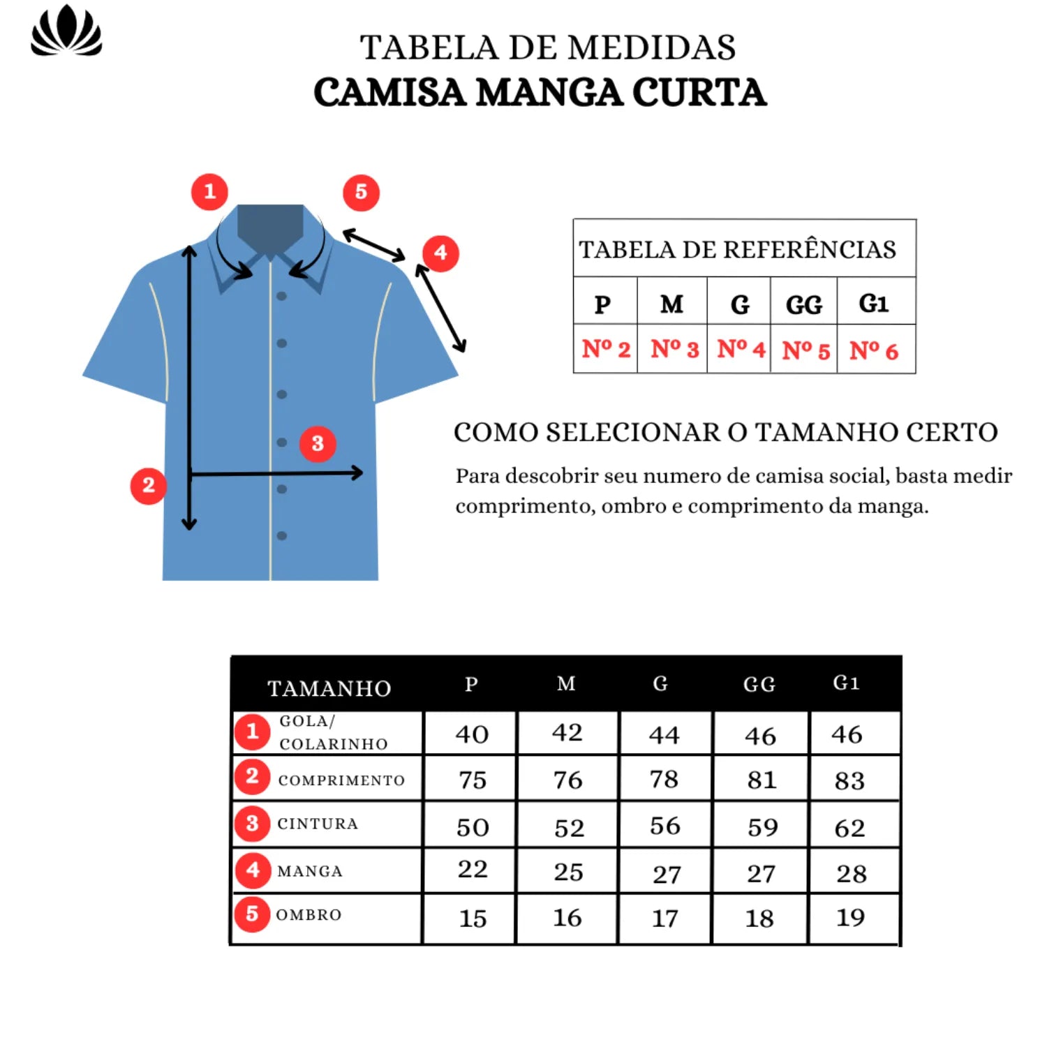Tabela de medidas camisa manga curta bordada, 100% algodão, absinto men.