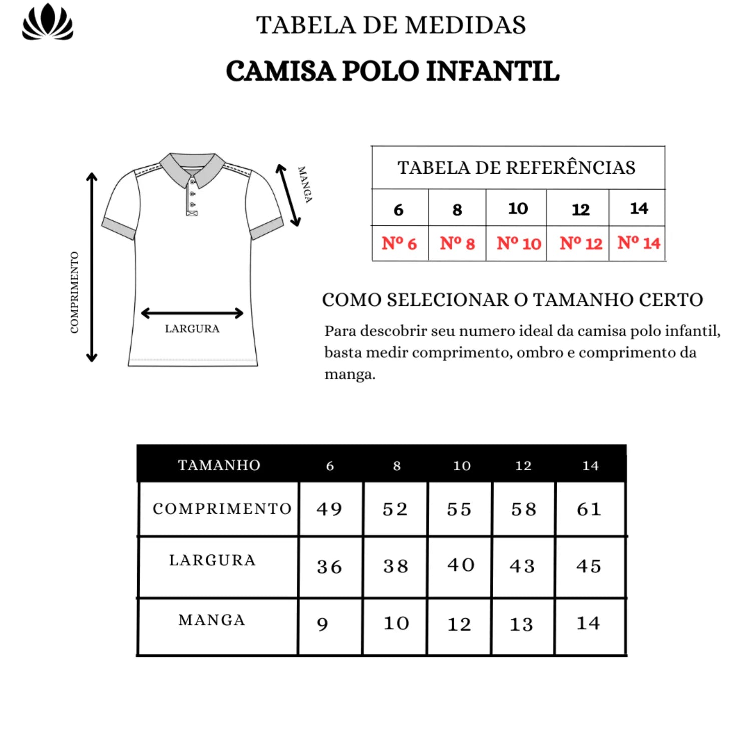 Tabela de medidas camisa polo maquinetada infantil masculina, da absinto men.