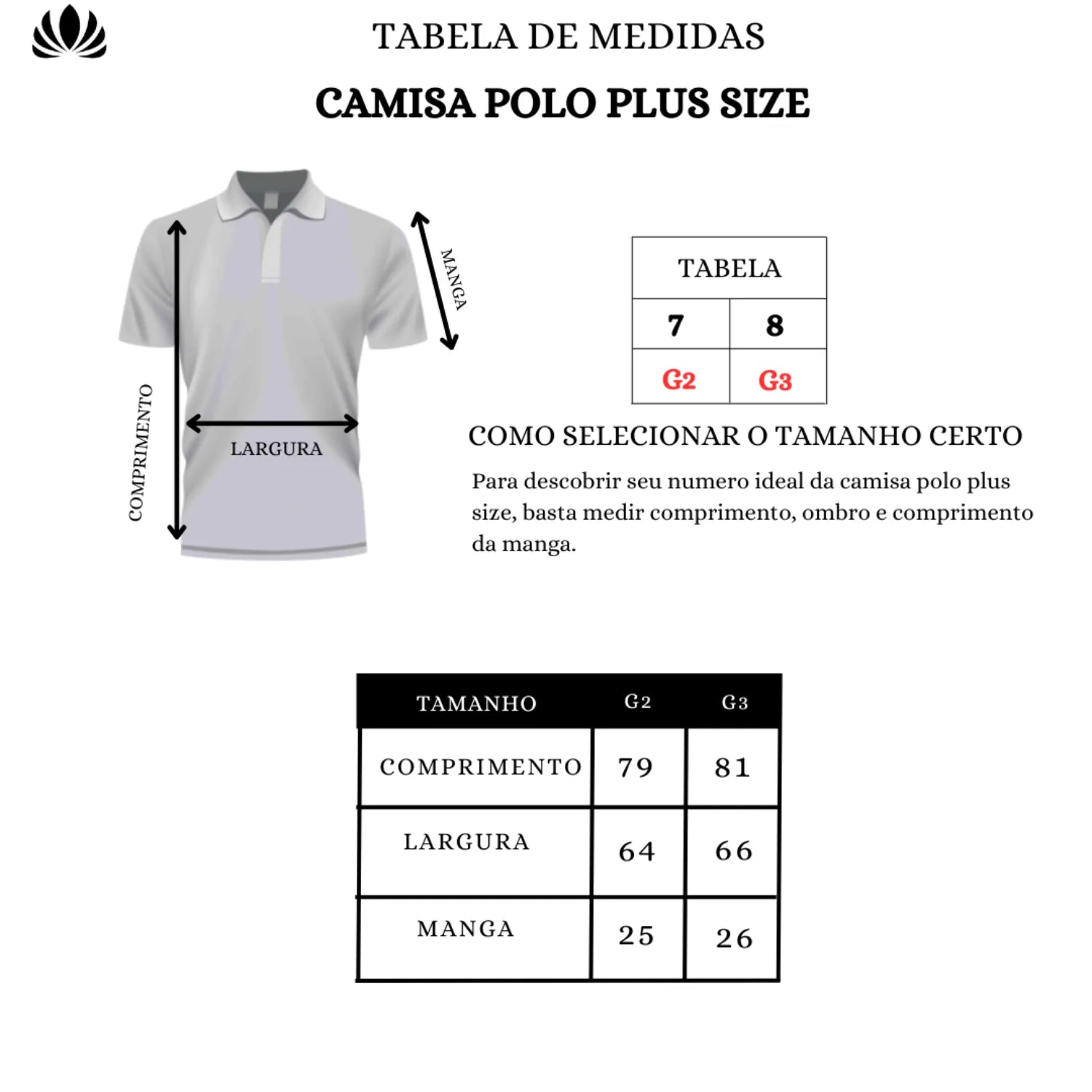 Tabela de medidas camisa polo plus size lisa, 100% algodão, absinto men