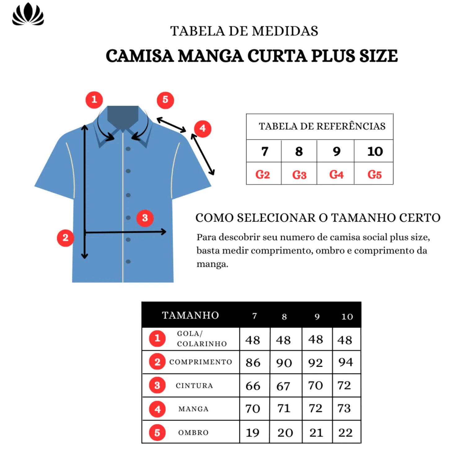 Tabela de medidas camisa social manga curta com bolso, plus size, 100% algodão, absinto men.