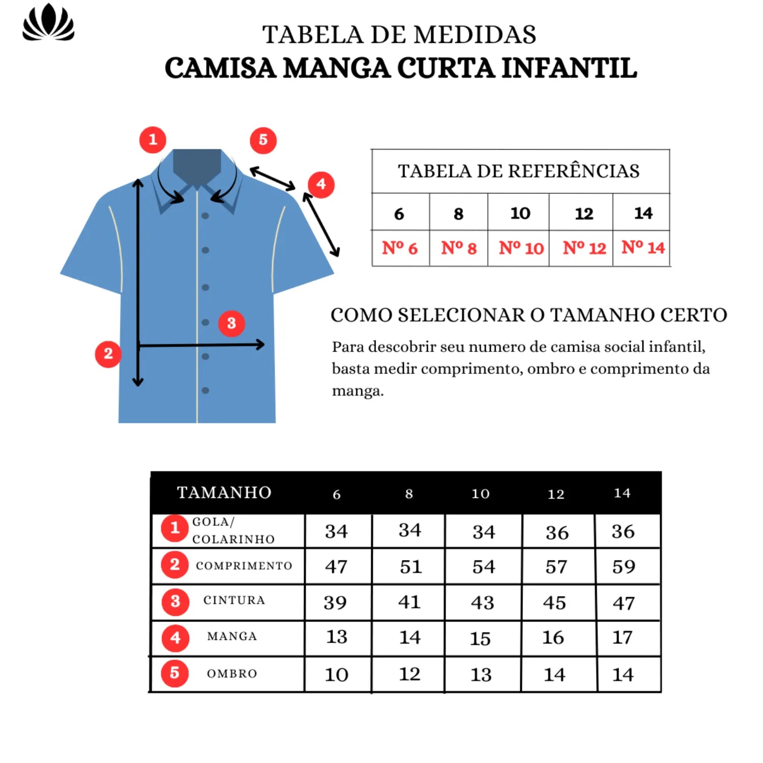 Tabela de medidas da camisa infantil Absinto Men, manga curta, estampa floral. Utilize para escolher o tamanho ideal do 6 ao 14.