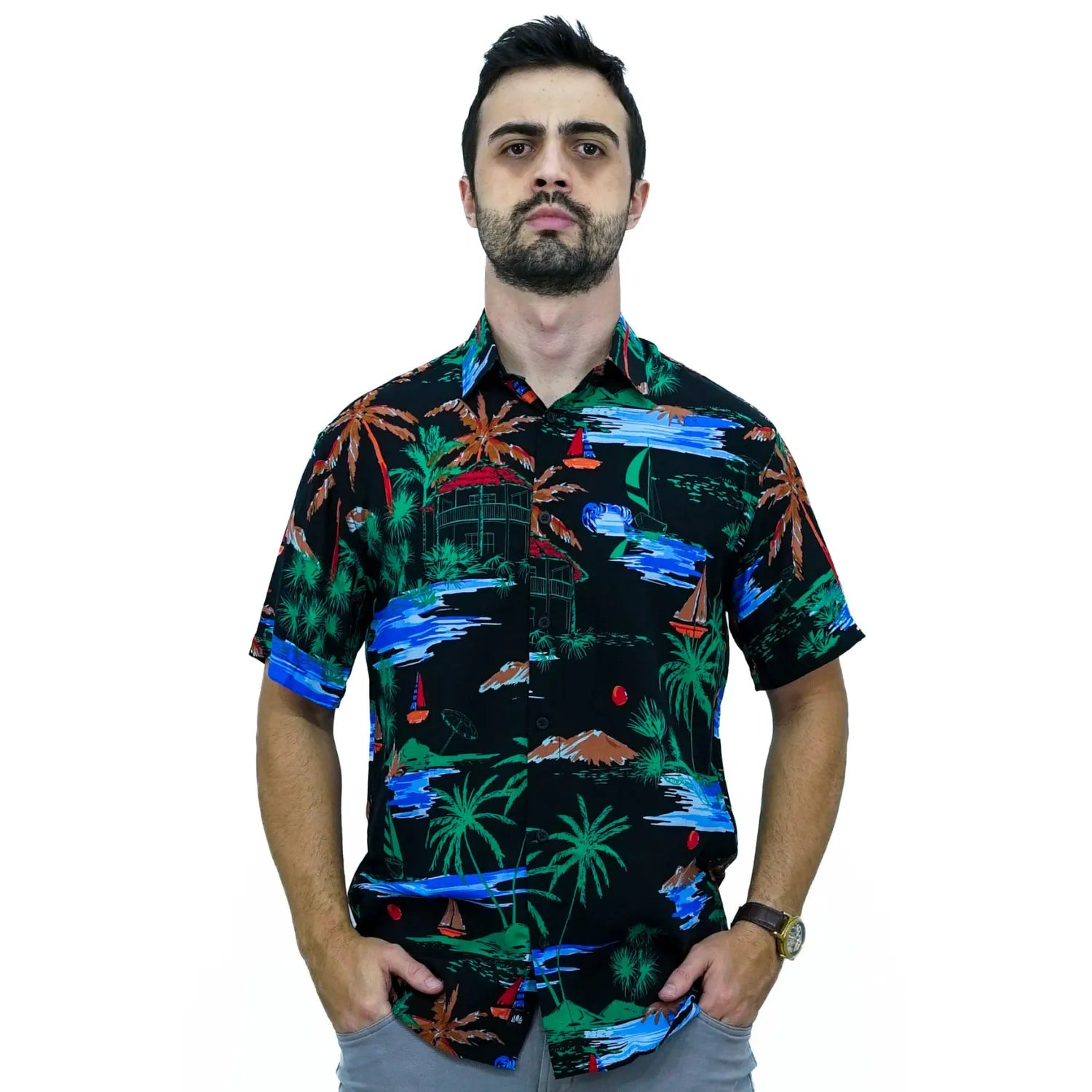 Foto de camisa social de viscose, com estampa de barco, na cor preta da marca Absinto Men.