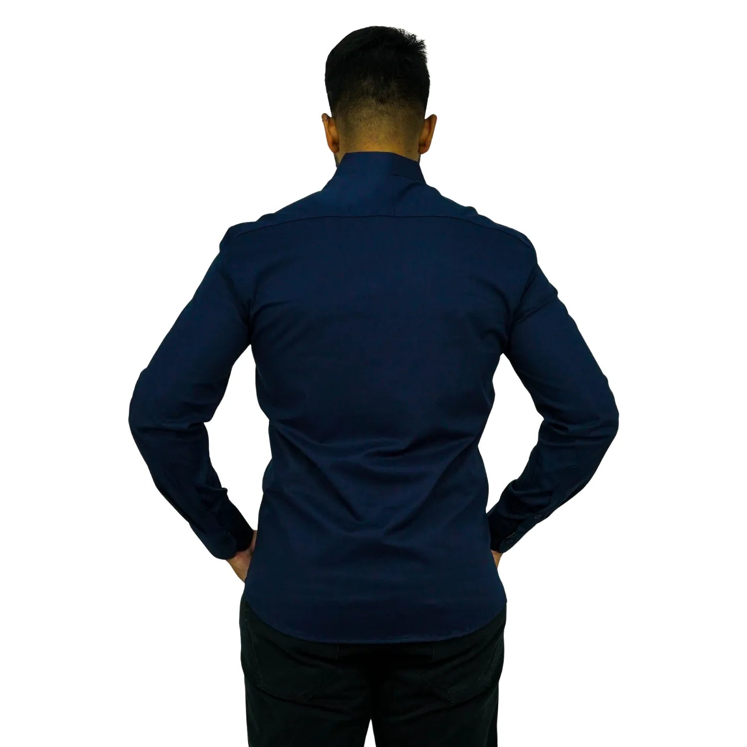 Foto de camisa social de algodão com elastano, manga longa, na cor marinho da marca Absinto Men.