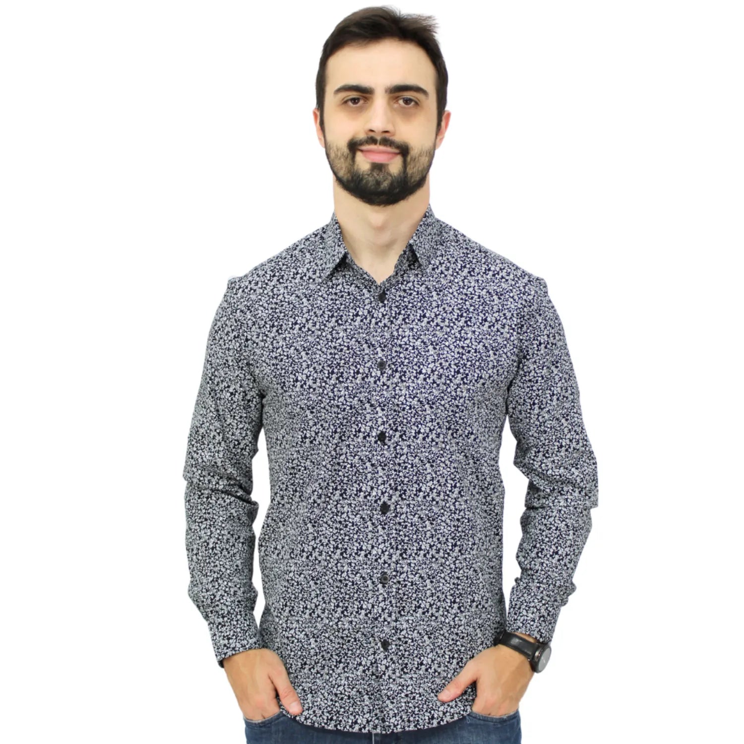 Camisa social Absinto Men de manga longa, 100% algodão, com estampa floral preta
