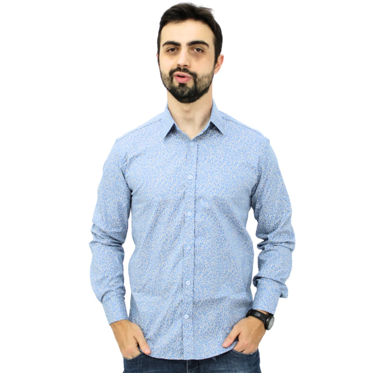 Camisa social Absinto Men de manga longa, 100% algodão, com estampa floral 