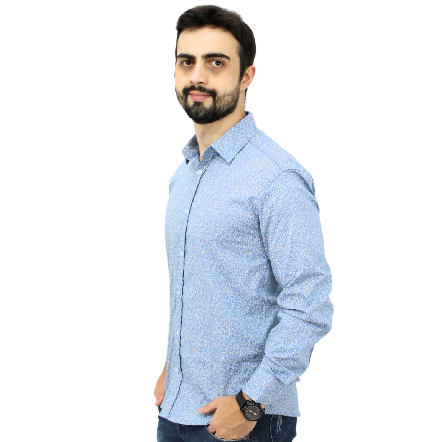 Camisa social Absinto Men de manga longa, 100% algodão, com estampa floral perfil