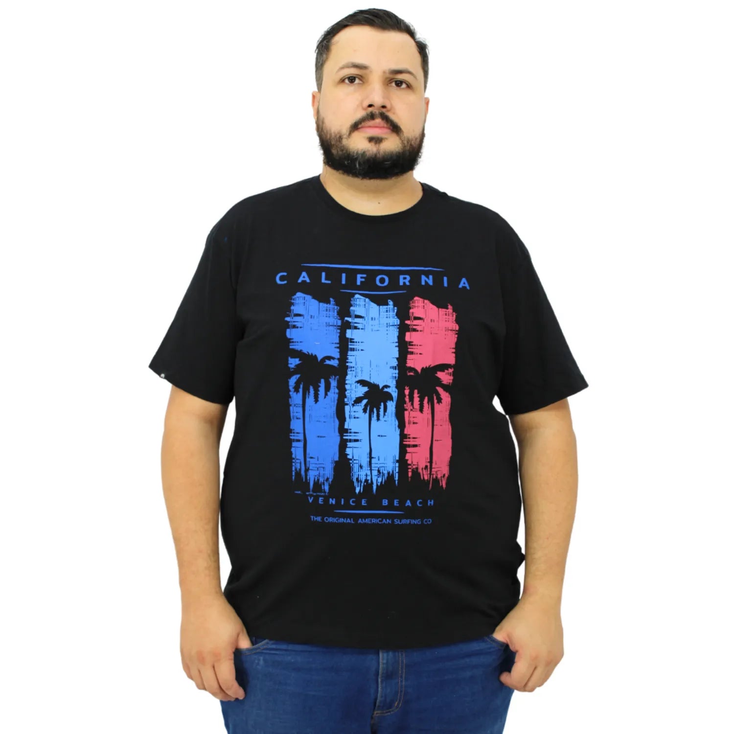 Foto da camiseta plus size de 100% algodão, com estampa "Califórnia", da marca Absinto Men na cor preta.